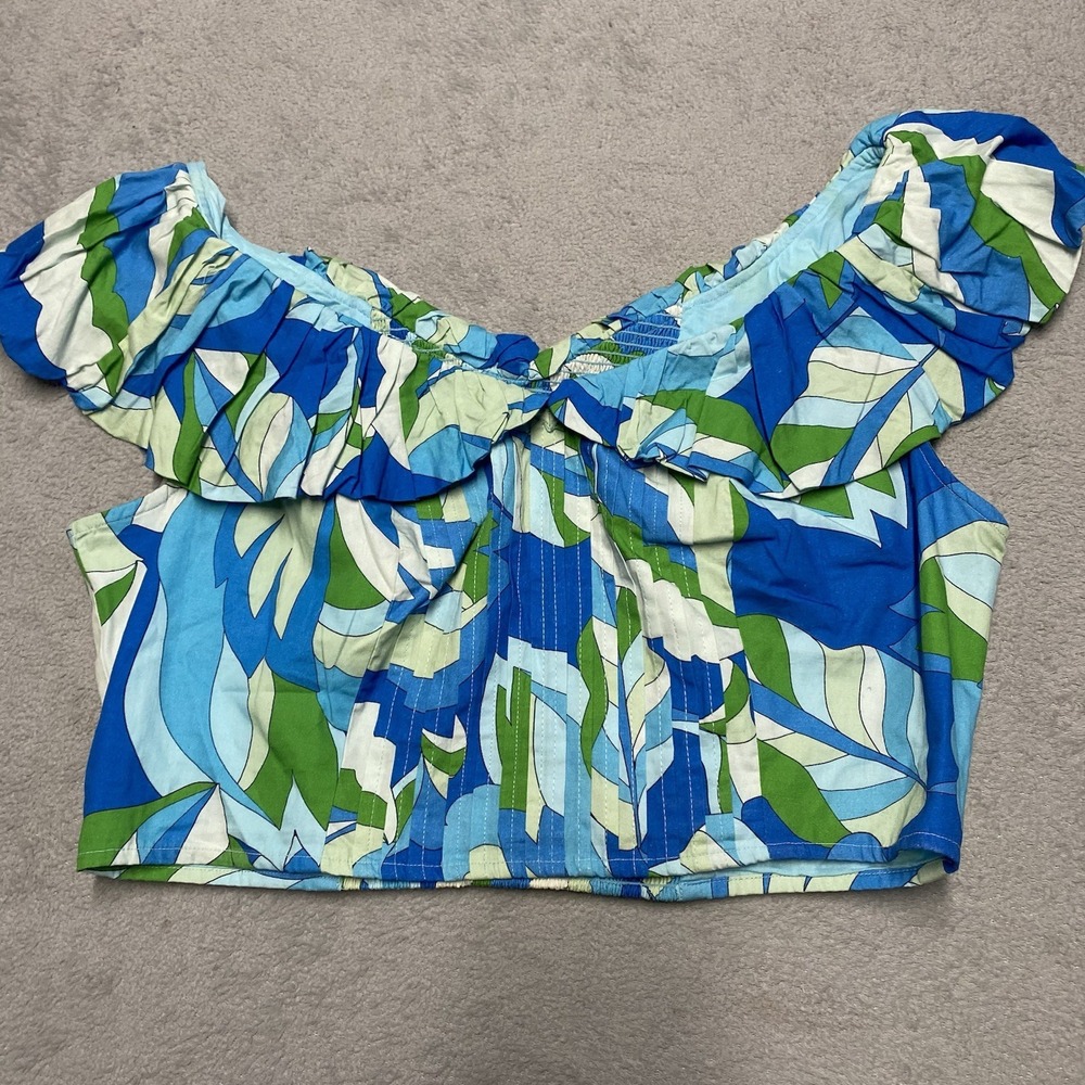Maeve‎ Anthropologie Top Large Blue Green Ruffle Puff Sleeve Crop Stretch